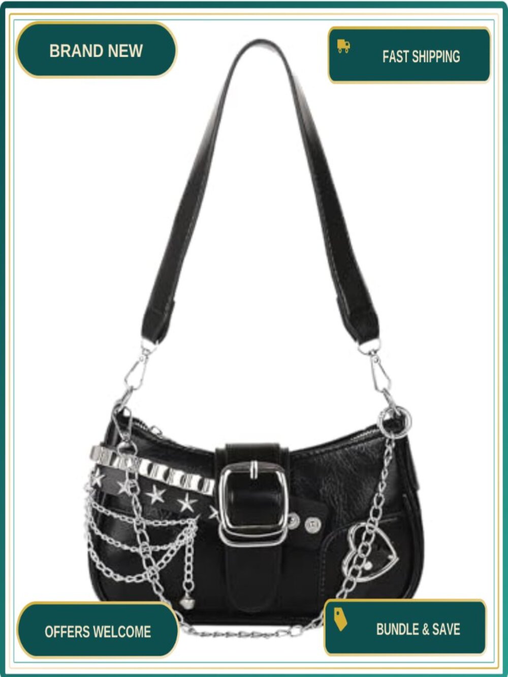 Y2K Star Embroidery PU Leather Shoulder Bag with Metal Chain